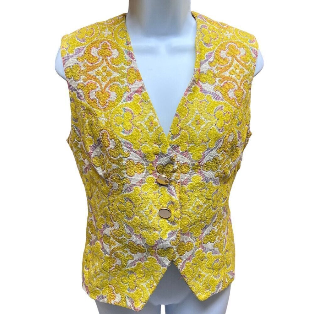 VTG Jane Andre “M” Yellow Art To Wear Vest Abstract Jacquard Cottagecore READ‎